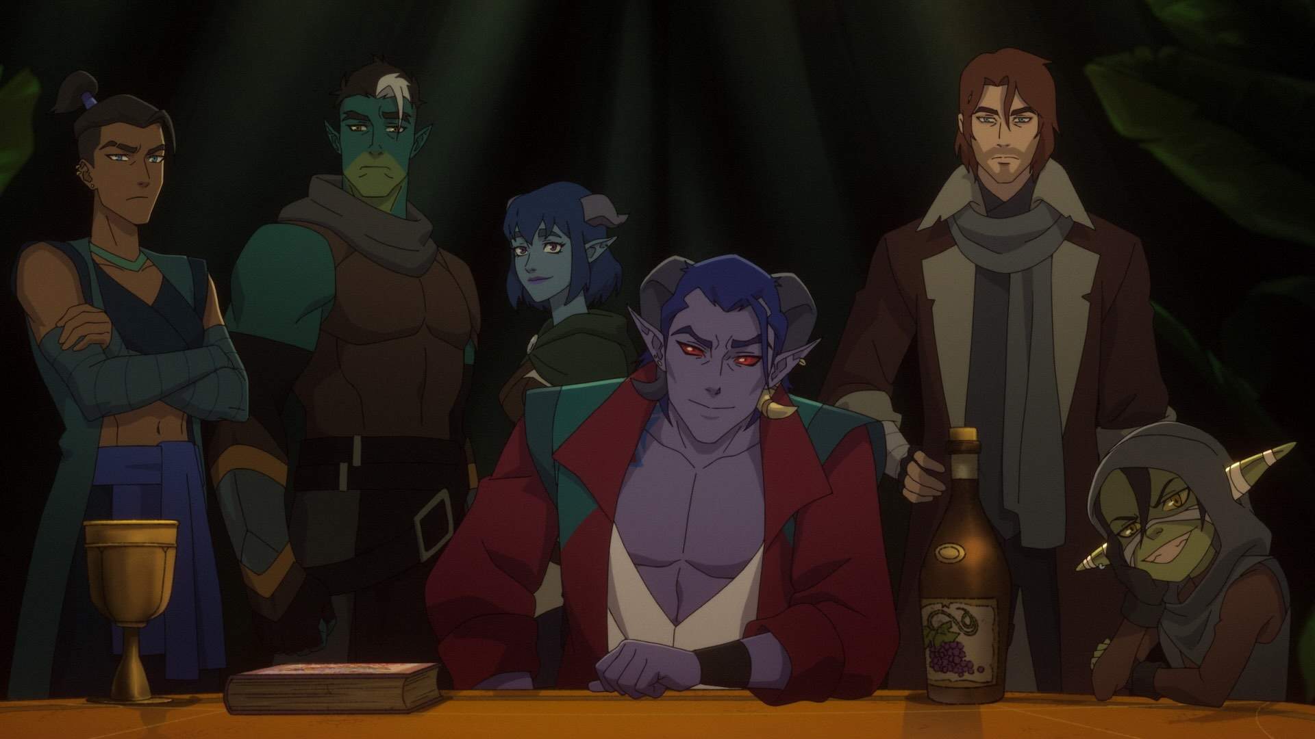 L-R: Beau (Marisha Ray), Fjord, Jester, Molly, Caleb, Nott the Brave (Sam Riegel)