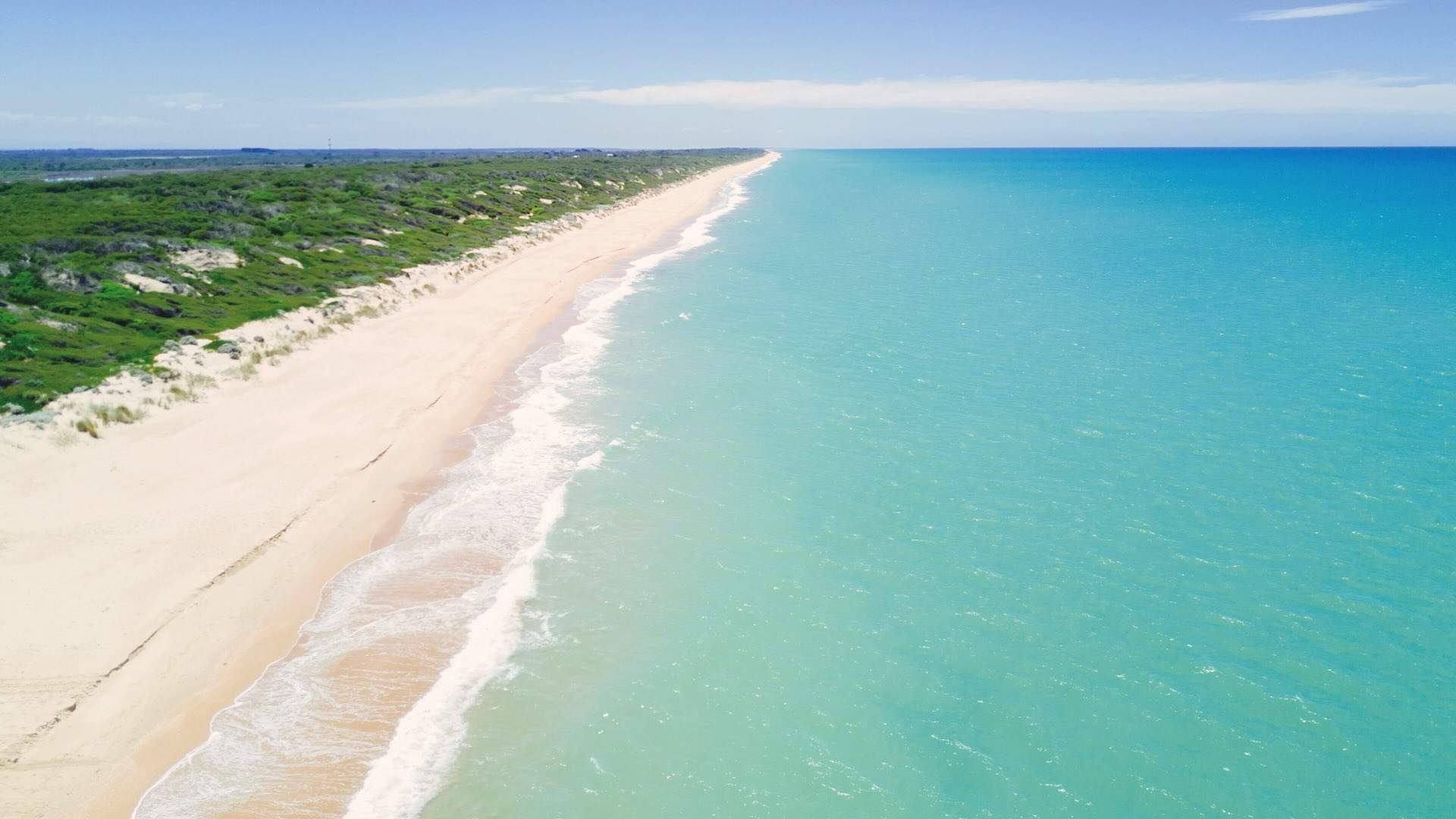 Aerial of the sandy stretch of Ninety Mile Beach..
