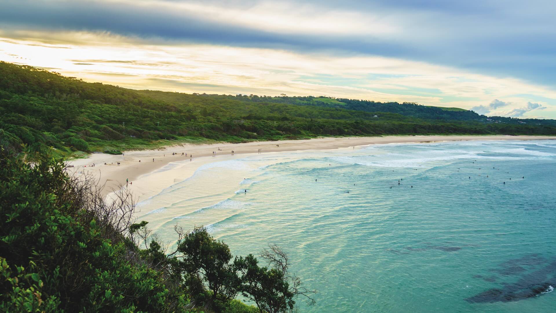 Broken Head beach in the warm late afternoon sunlight. Broken Head beach is near the famous Byron Bay in Australia.
