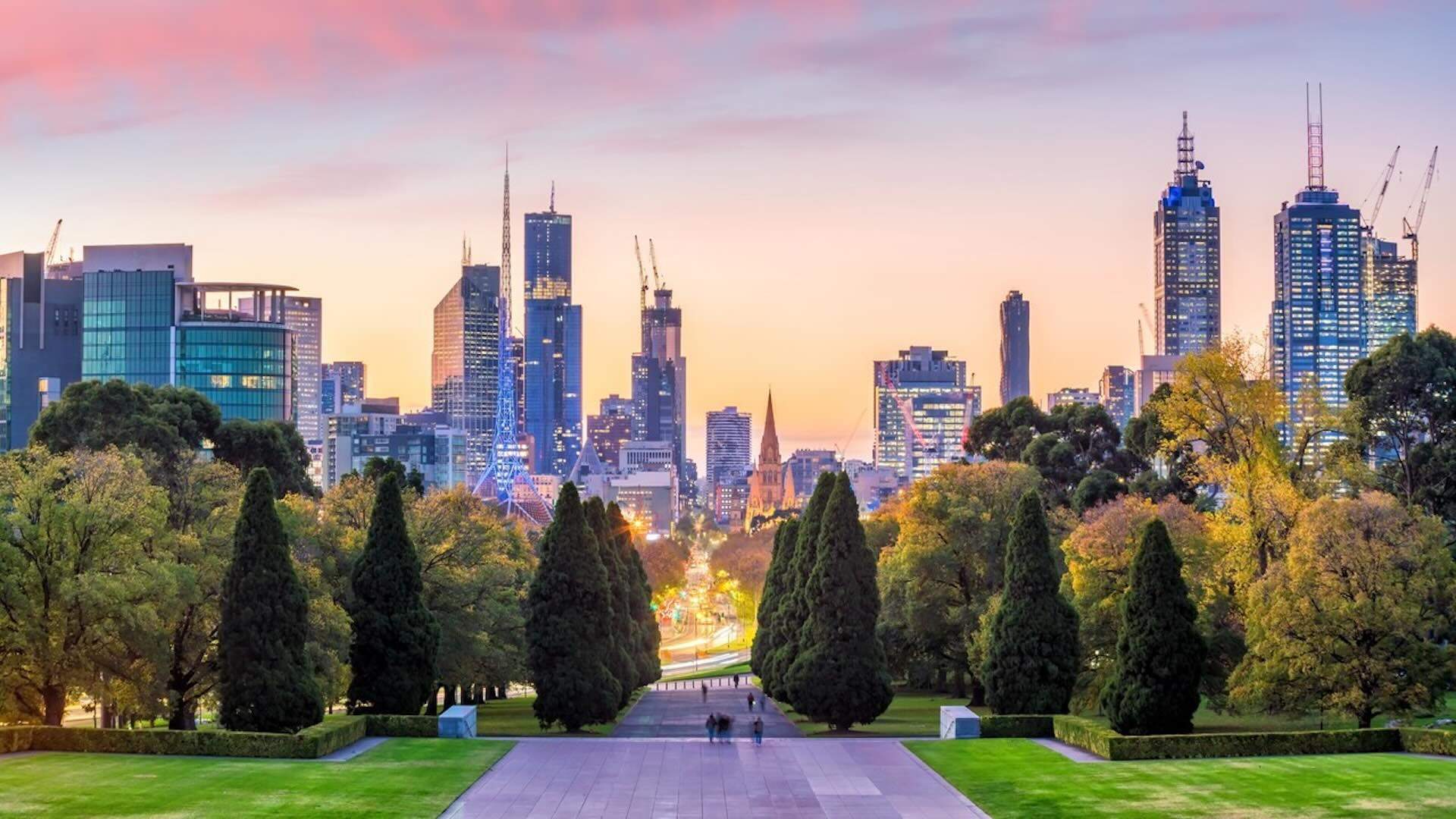 View of Melbourne city skyline at twilight in Australia.