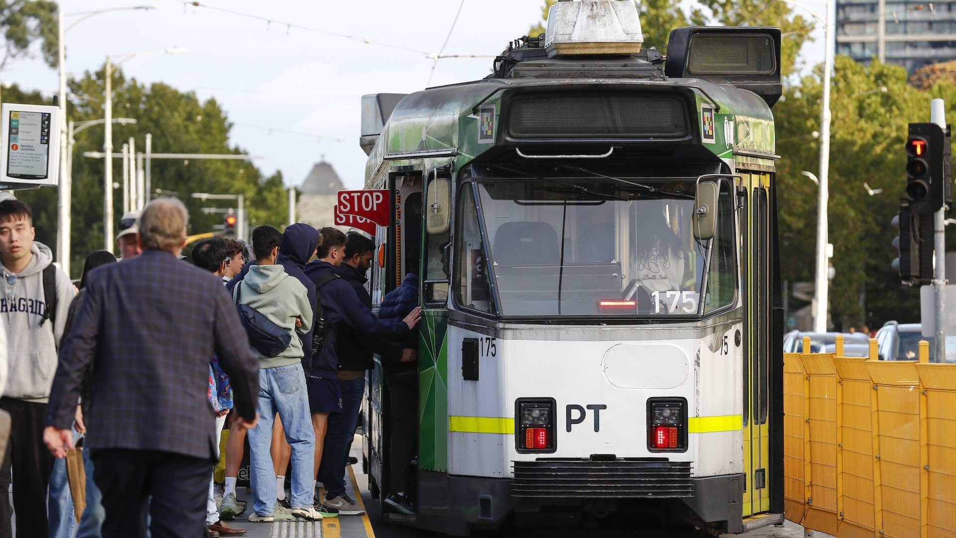 MELBOURNE, VICTORIA STATE, AUSTRALIA - 2026/03/28: People seen taking trams in the city. (Photo by Ye Myo Khant/SOPA Images/LightRocket via Getty Images)