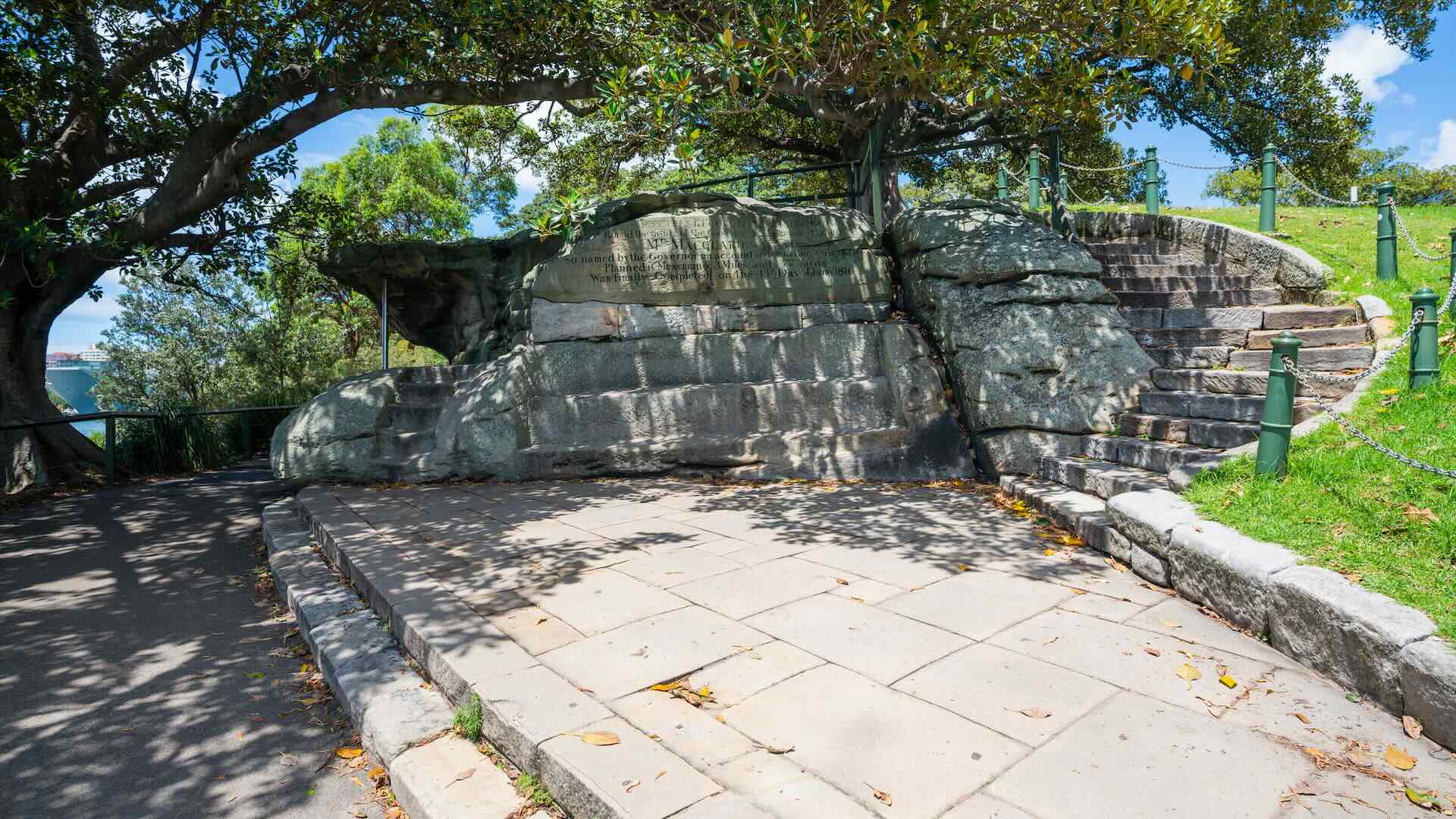 Mrs Macquarie's chair a hand carved sandstone bench view in Sydney NSW Australia 