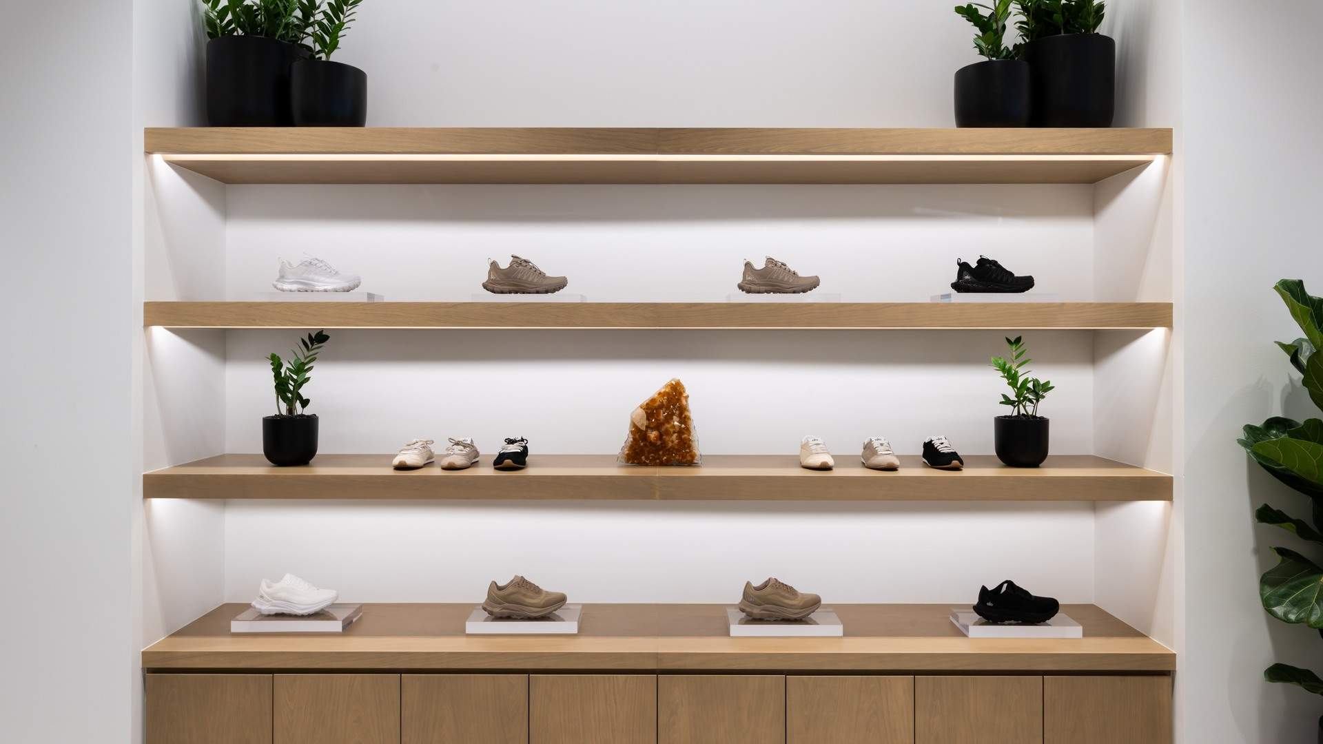 A shelf display of Alo footwear inside the new Galeries store