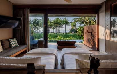 Background image for Skip Bali's Busiest Streets for This Surfside Resort, Where Black-Sand Beaches and a World-Class Break Meet Tropical Serenity